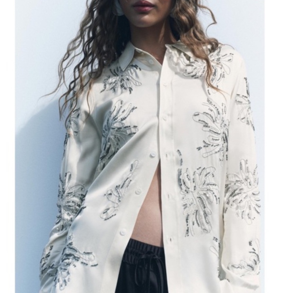 Zara embroidered beaded shirt, Small, new